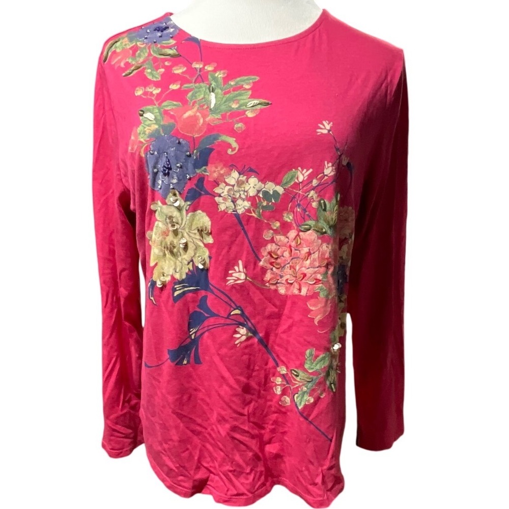Chico's Embroidered Floral Knit Top Women 2 Raspberry Pink Long Sleeve 570249974